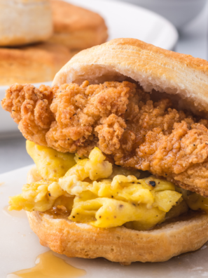 Air Fryer Tyson Crispy Chicken Strips in a biscuit sandwich.