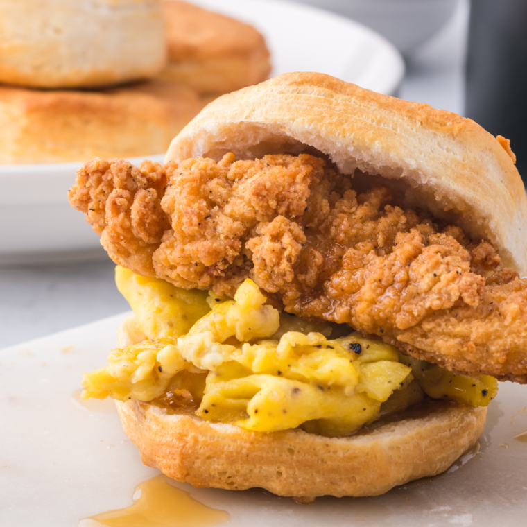 Air Fryer Tyson Crispy Chicken Strips in a biscuit sandwich.