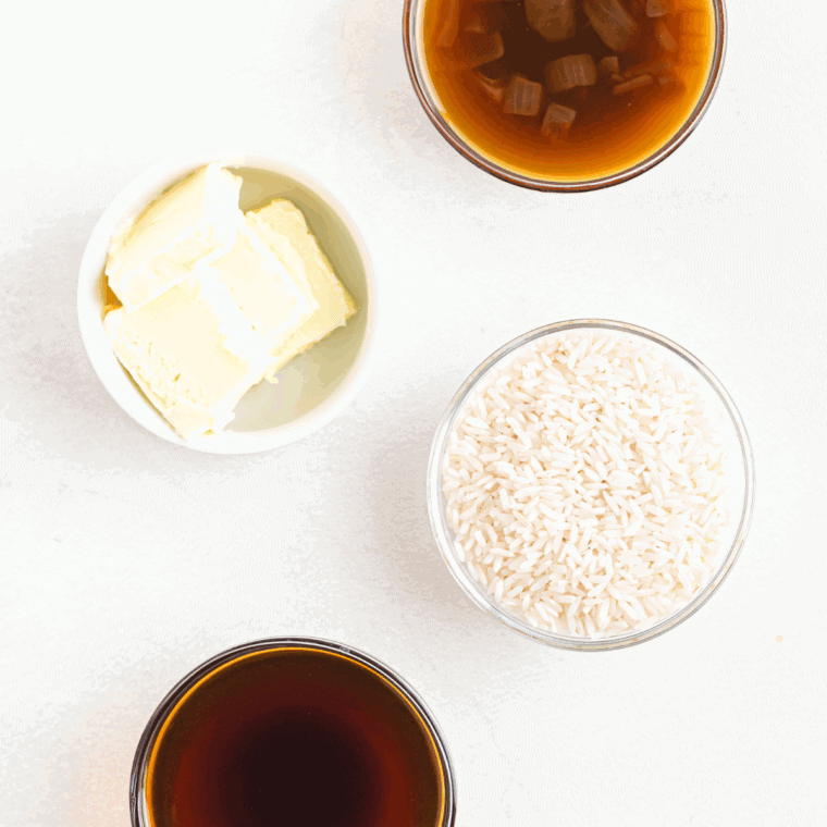 Ingredients needed for Applebee's Almond Rice Pilaf Recipe on kitchen table.