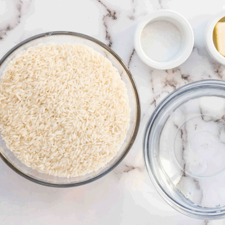 Ingredients needed for Instant Pot Chipotle Cilantro Lime Rice Recipe on kitchen table.