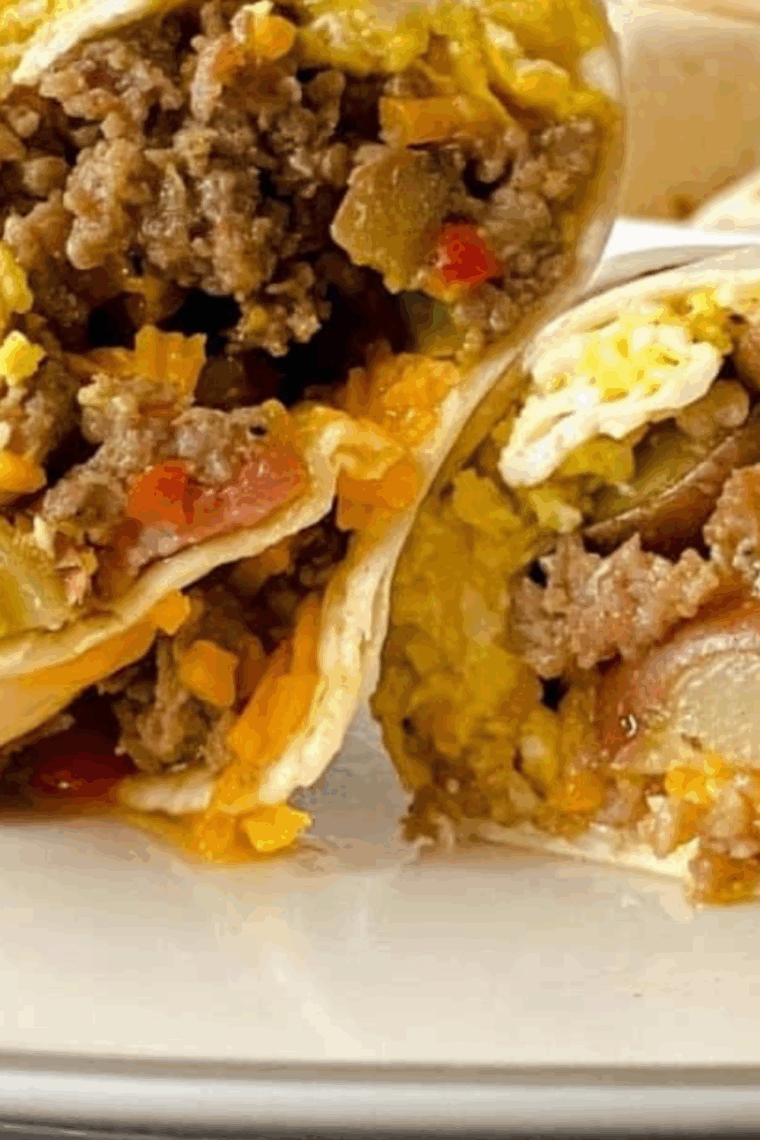 Close-up of a homemade copycat Burger King Egg-Normous Breakfast Burrito filled with sausage, bacon, scrambled eggs, potatoes, and melted cheddar cheese.