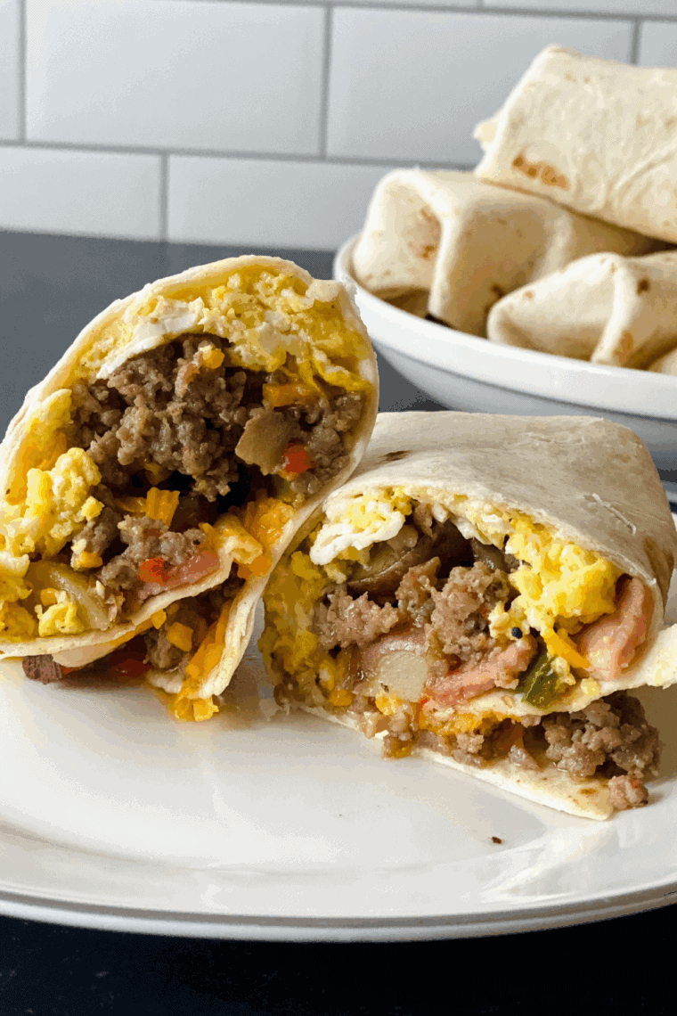 Homemade Burger King Egg-Normous Burrito filled with eggs, bacon, sausage, and hash browns.
