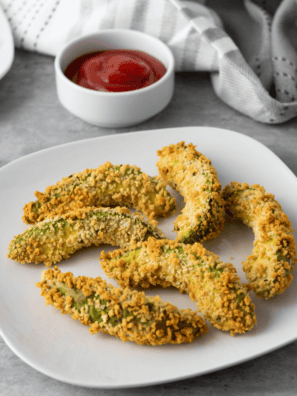 gluten-free air fryer avocado fries crispy golden and served with dipping sauce