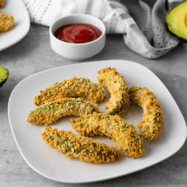 gluten-free air fryer avocado fries crispy golden and served with dipping sauce
