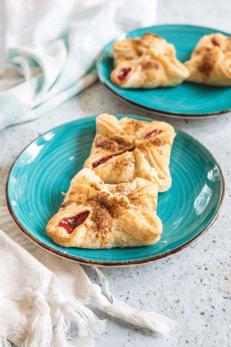 Golden homemade cherry turnovers with icing drizzle on a white plate.