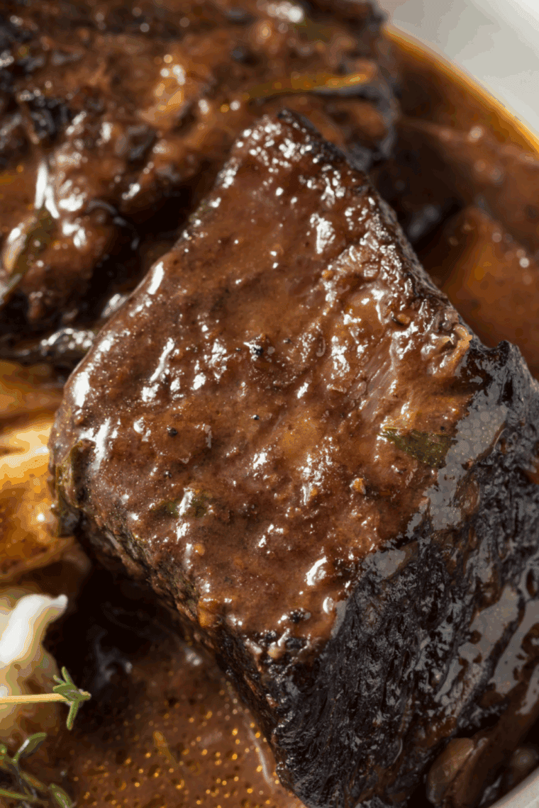 Tender Korean beef short ribs glazed with savory-sweet sauce on a serving plate.