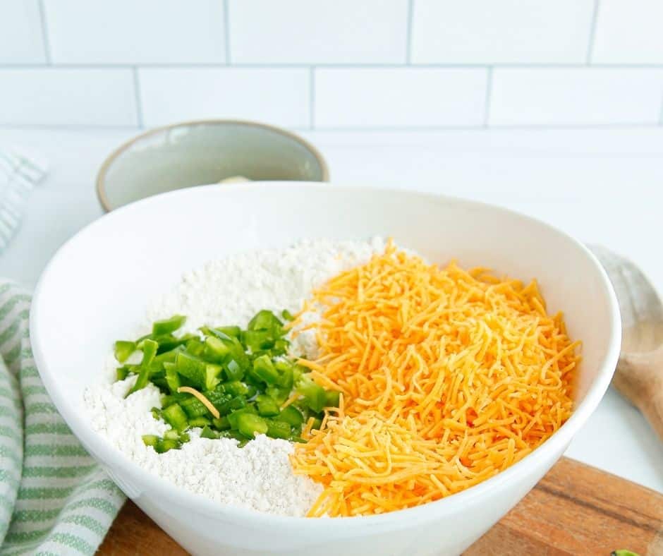 Ingredients In White Bowl For Jalapeno Cheddar Quick Bread