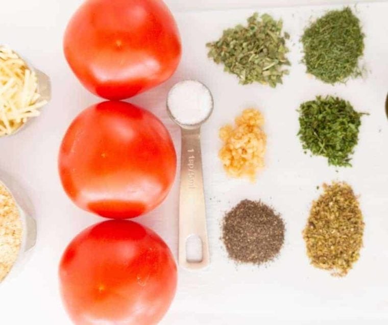 overhead: ingredients needed to roast tomatoes in air fryer