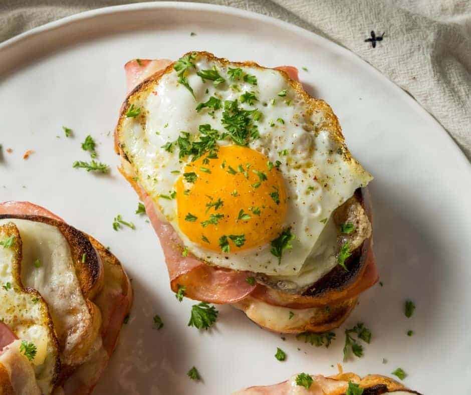 Air Fryer Croque Madame Open-Faced Sandwich With Fried Eggs