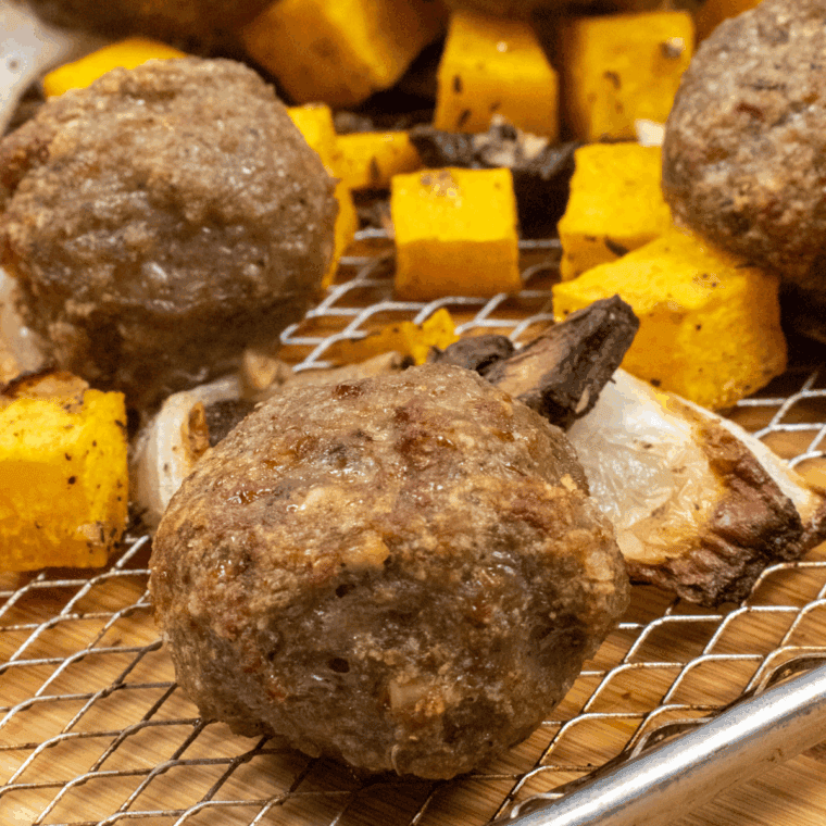 Final look of the fully cooked Air Fryer Turkey Sausage Meatballs and Squash dinner.