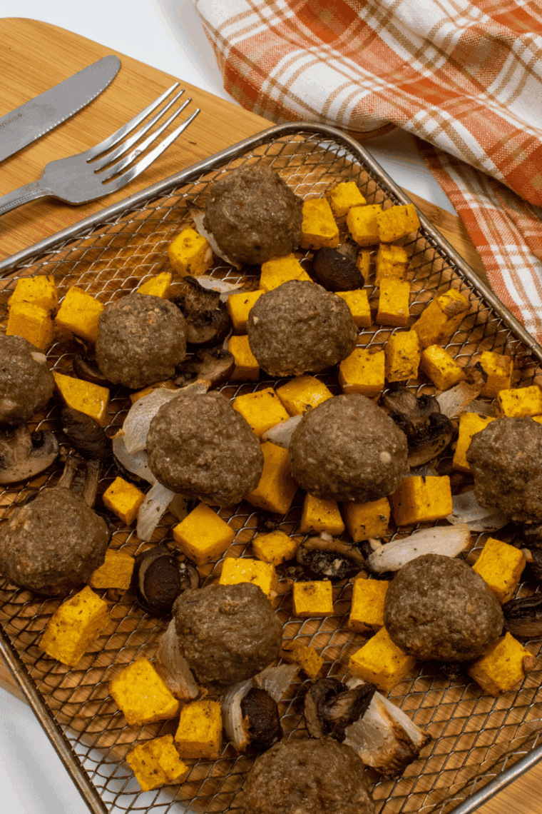 Plate of Air Fryer Turkey Sausage Meatballs and Squash