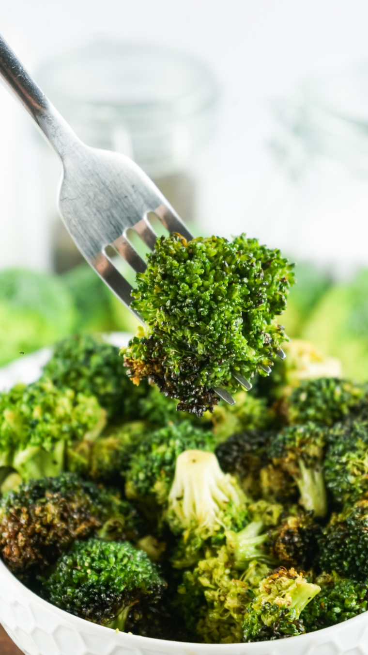 Garlic Air Fryer Broccoli on fork.