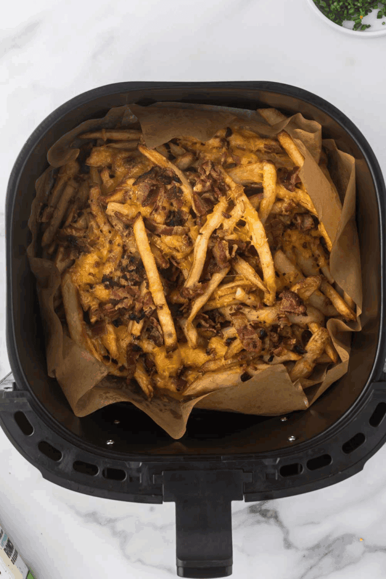 Cooked air fryer fries with cheese and bacon in air fryer basket.