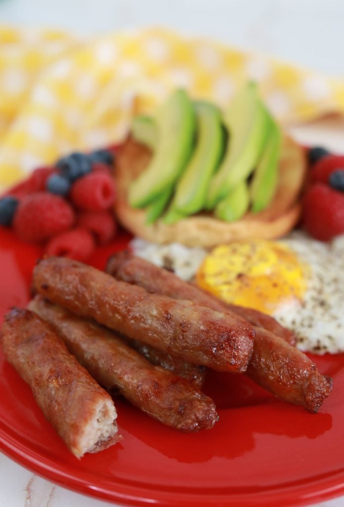 air fryer sausage links on a breakfast table