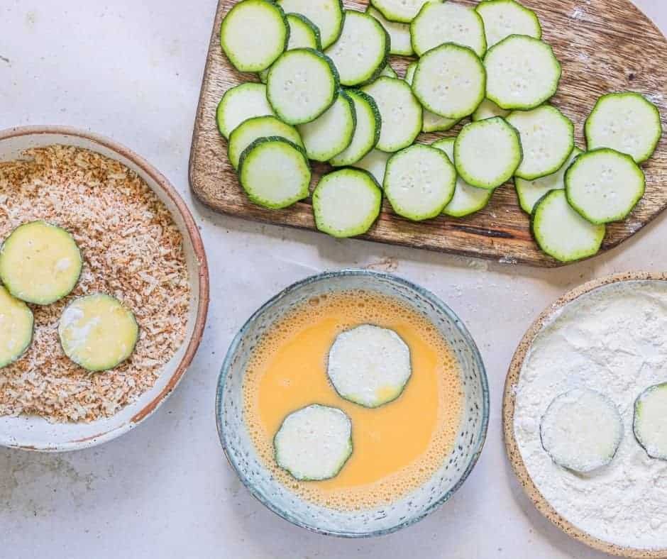 Dip Zucchini in Eggs and then Panko Bread Crumbs