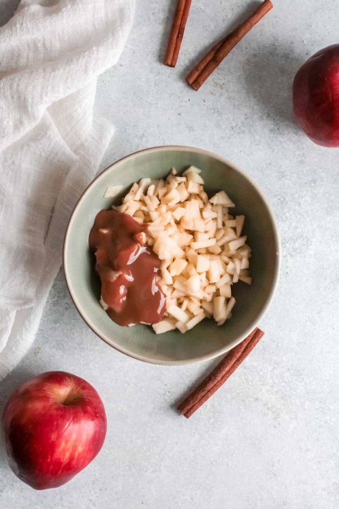 Diced Apples and Caramel Sauce in Bowl