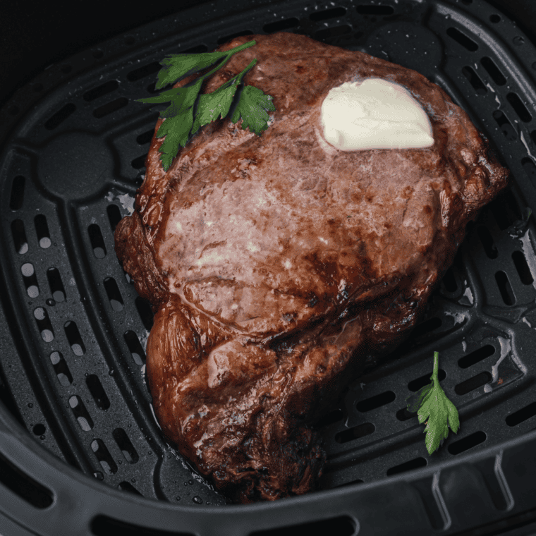 Juicy and tender Air Fryer Ribeye Steak with a crispy exterior.