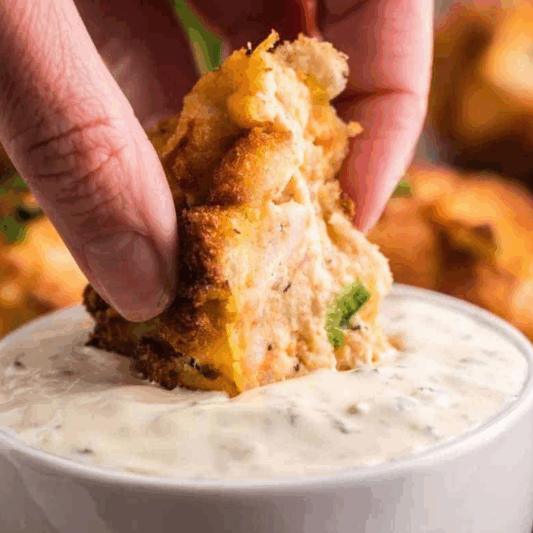 Golden-brown Arthur Treacher’s hush puppies being dipped in homemade sauce.