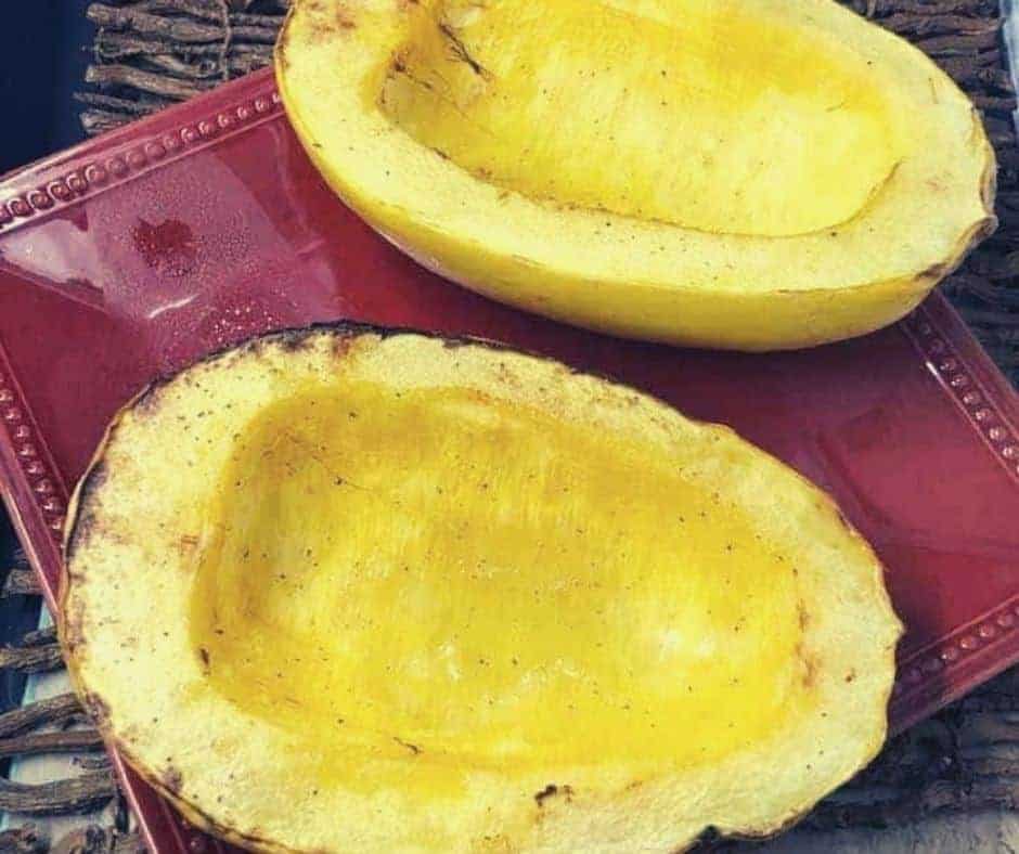 overhead: air fried spaghetti squash halves