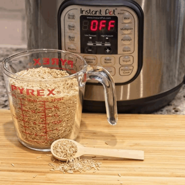 Jasmine rice near the Instant Pot Machine on the kitchen countertop.