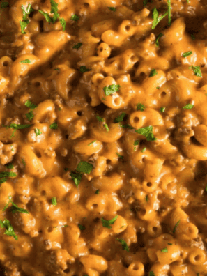 Instant Pot homemade Hamburger Helper with ground beef, macaroni, and creamy cheese sauce in a bowl