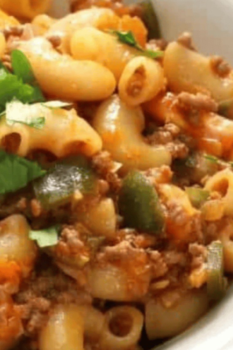 Close-up of Instant Pot Hamburger Helper with ground beef, macaroni noodles, and cheddar cheese
