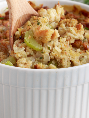 Pioneer Woman chicken stuffing casserole in a 9x13 baking dish with a golden, crispy stuffing topping