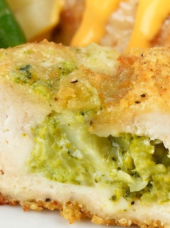 Air Fryer Frozen Stuffed Chicken Breast With Broccoli And Cheese Fork