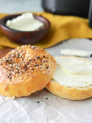 These air fryer everything bagels are the easiest homemade bagels you'll ever make: just Greek yogurt, self-rising flour, and a generous shower of everything bagel seasoning. No yeast, no boiling, no rising time &mdash; start to finish in 20 minutes, with 7g of protein and roughly 3 Weight Watchers points per bagel.