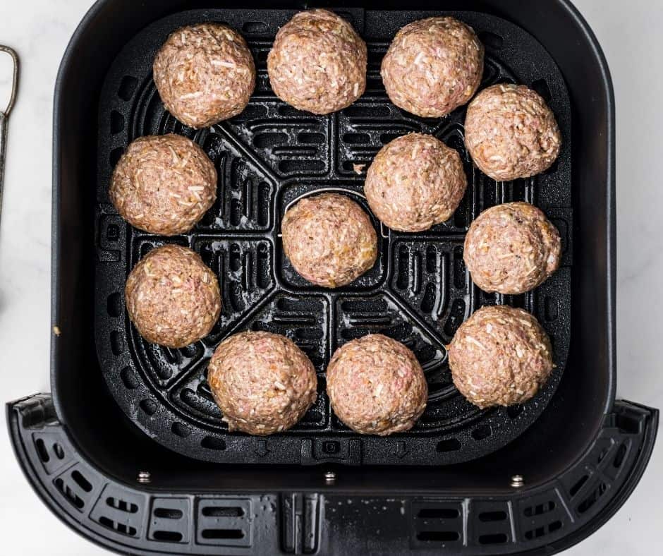 air fryer basket with meatballs