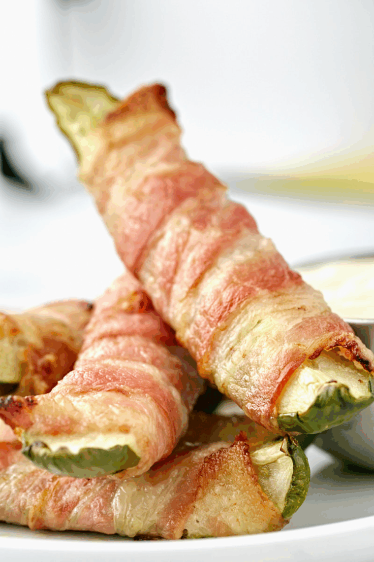 Golden, crispy bacon wrapped around dill pickles in an air fryer basket, ready to serve.