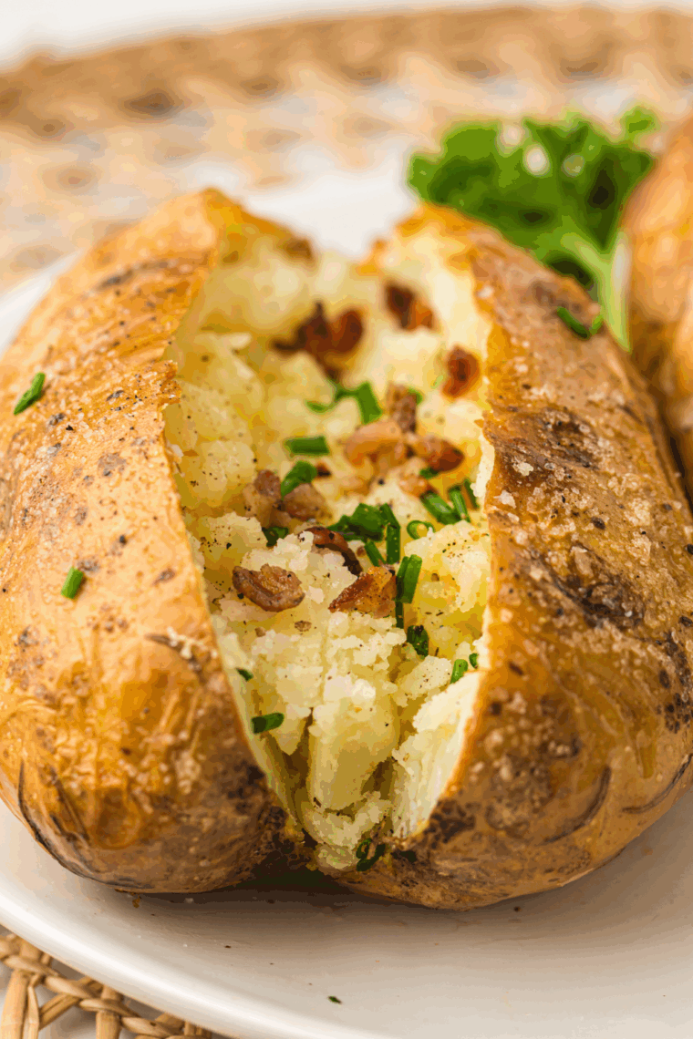Golden baked potatoes with salt-crusted skins and fluffy insides, served with butter and sour cream on a dinner plate.