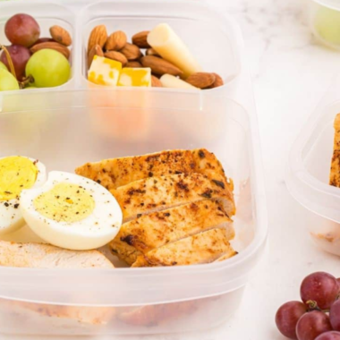 DIY Starbucks Protein Bistro Box with hard-boiled eggs, apple slices, cheese, and peanut butter"