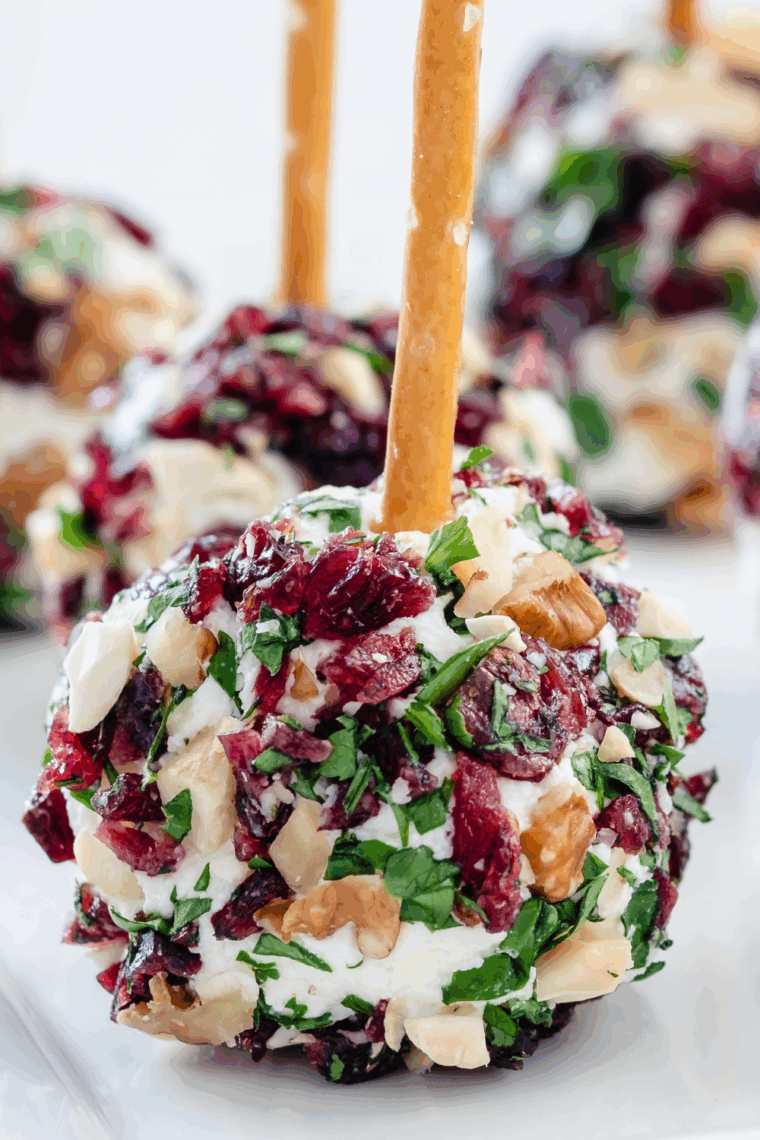 Festive Cranberry Pecan Cheese Ball on a serving plate, coated in crunchy pecans with dried cranberries.”