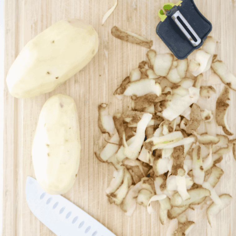 Peeling, shredding, and rinsing potatoes to remove excess starch