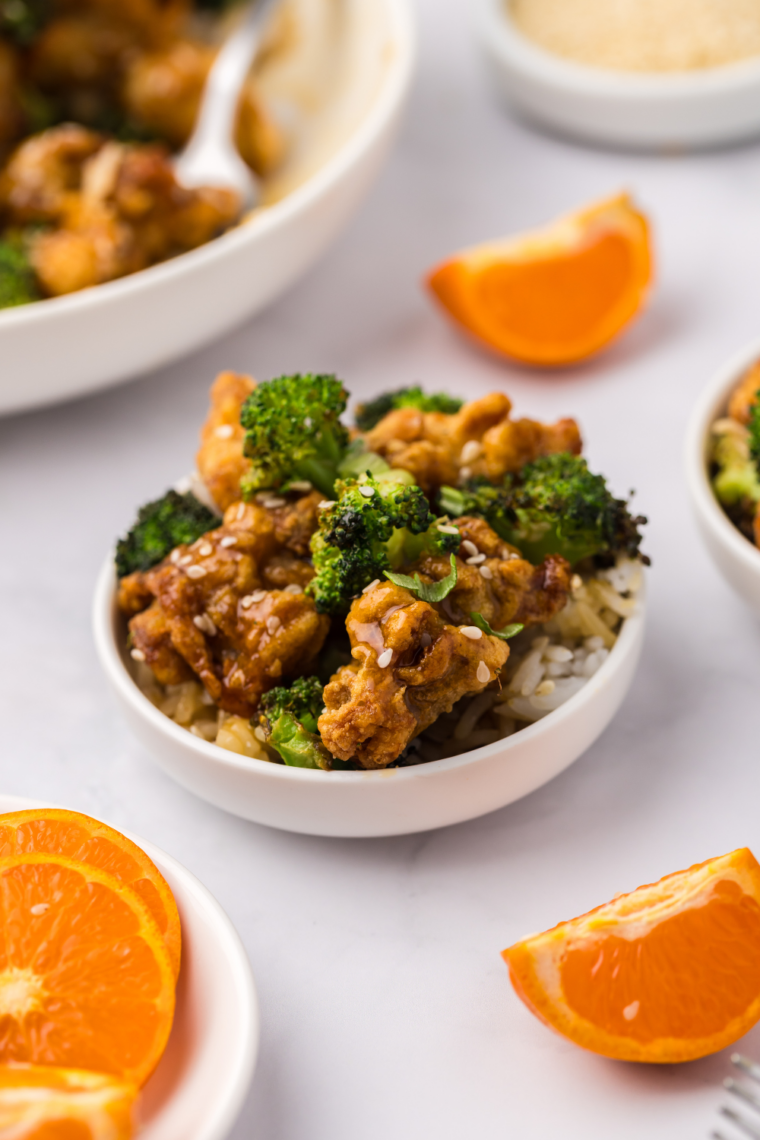 crispy mandarin orange chicken cooked in air fryer basket