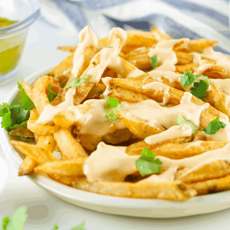 Crispy air fryer Animal Style Fries loaded with melted cheese, grilled onions, and creamy In-N-Out style spread on top.