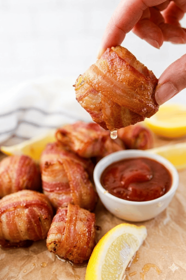 Air Fryer Bacon and Crab Rolls on a plate, golden brown and crispy, served with dipping sauce.