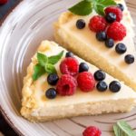 slices of cheesecake topped with fresh berries and mint leaves