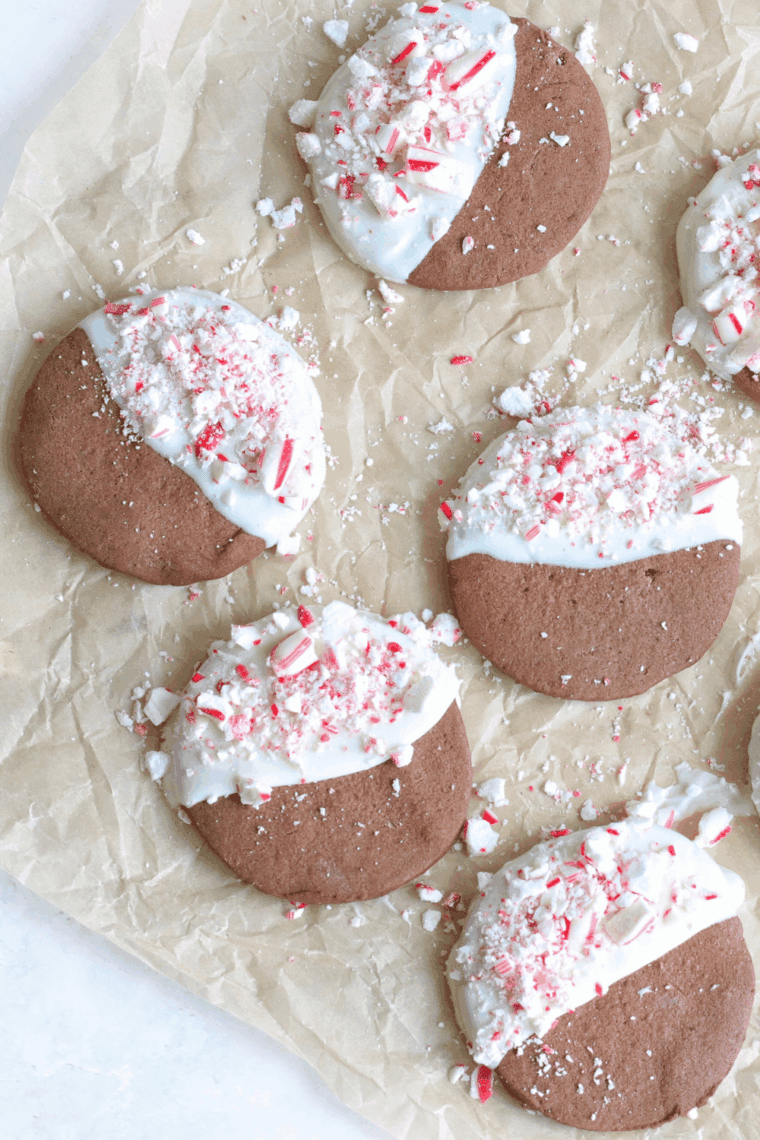 Air fryer dark chocolate peppermint cookies with crushed candy canes on top