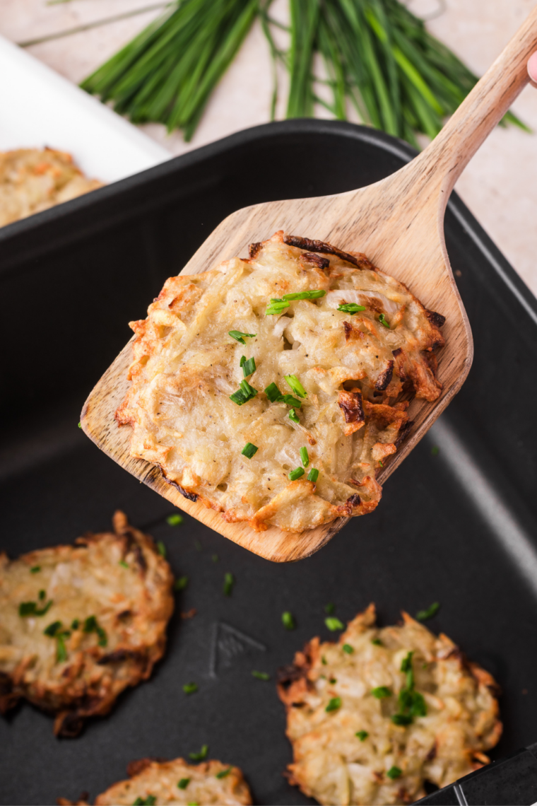Crispy golden air fryer latkes potato pancakes on serving plate