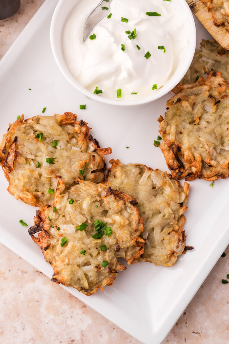 Air fryer latkes crispy potato pancakes close up texture