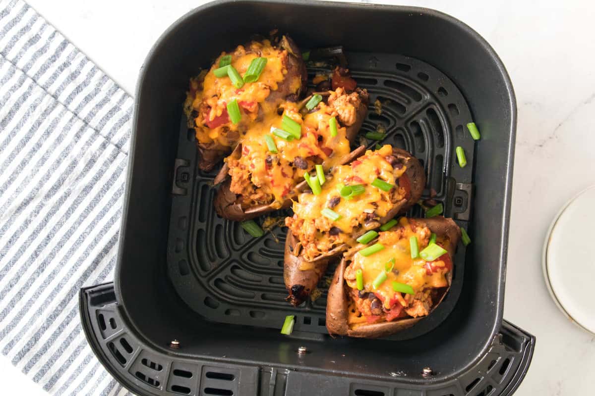 turkey chili smothered sweet potatoes in the air fryer