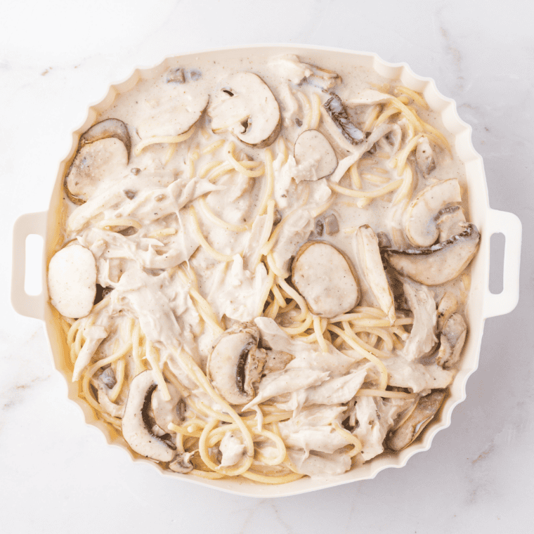 Turkey tetrazzini mixture spread into an air fryer safe baking dish before cooking.