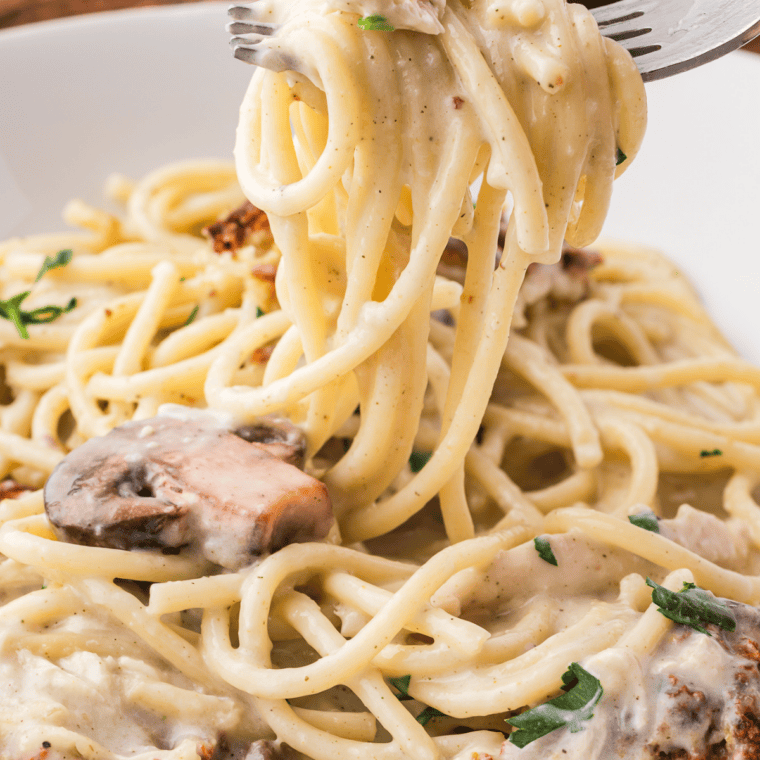 Air fryer turkey tetrazzini baked with spaghetti, turkey, creamy sauce, and melted cheese on top.