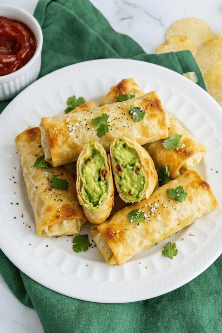 golden crispy air fryer avocado egg rolls with creamy avocado and cheese filling