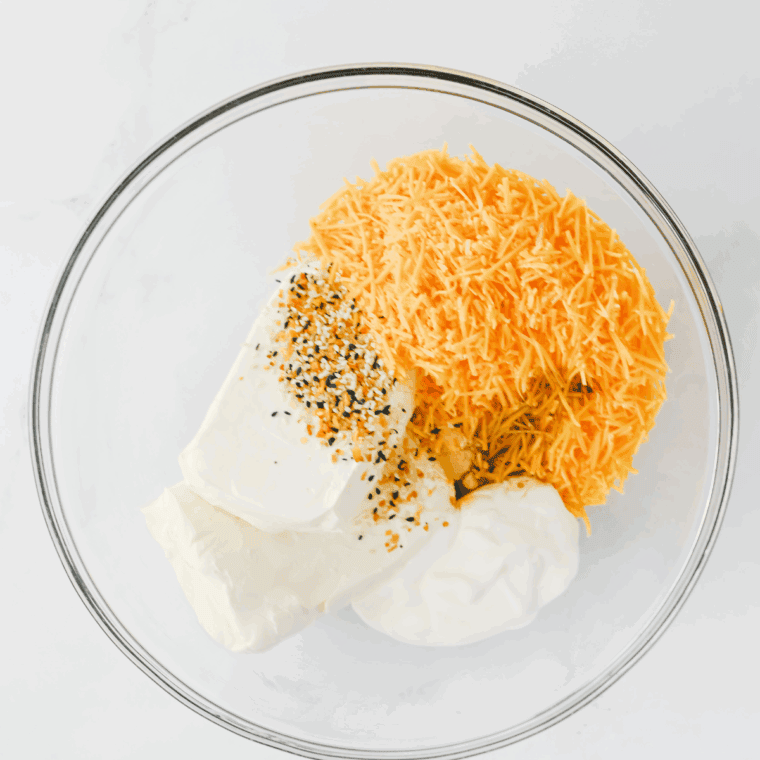 Mixing softened cream cheese, cheddar cheese, sour cream, Worcestershire sauce, garlic powder, and everything bagel seasoning in a bowl until well combined.