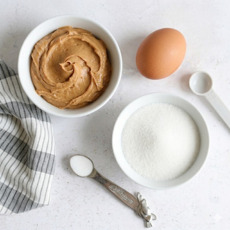 Ingredients needed for Soft & Chewy Air Fryer 3-Ingredient Peanut Butter Cookies on kitchen table.