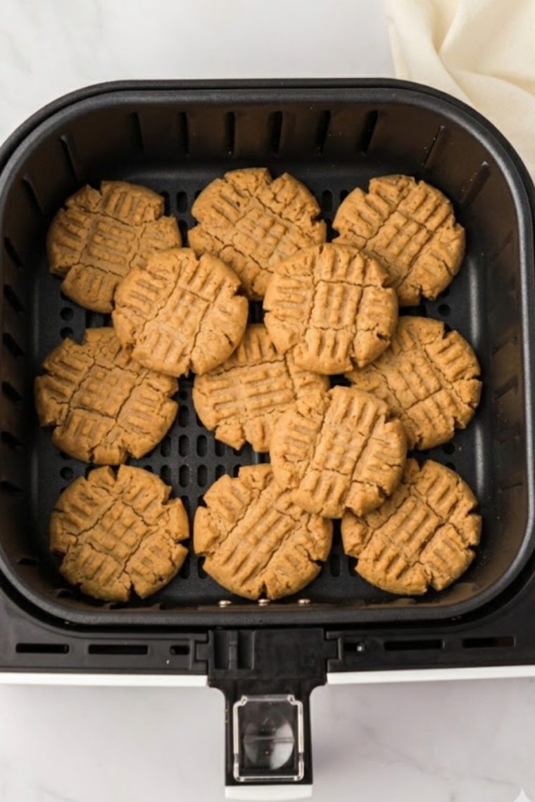 air frying peanut butter cookies until edges are set and lightly golden