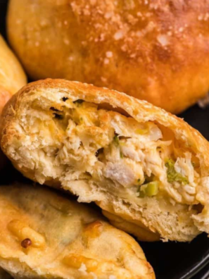 "Golden Air Fryer Chicken & Broccoli Biscuit Pies on a serving plate"